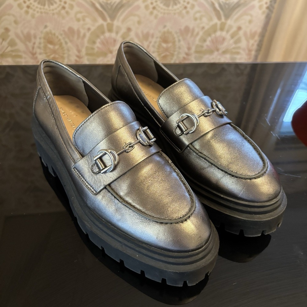 Stuart Weitzman Owen Loafers Gunmetal Pewter‎ Silver Chunky Lug Sole 7.5 Punk